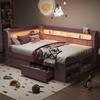 Canapé-lit rembourré 90x200cm avec port USB et bande lumineuse LED, comprenant une armoire à chaussures et deux tiroirs, Rose