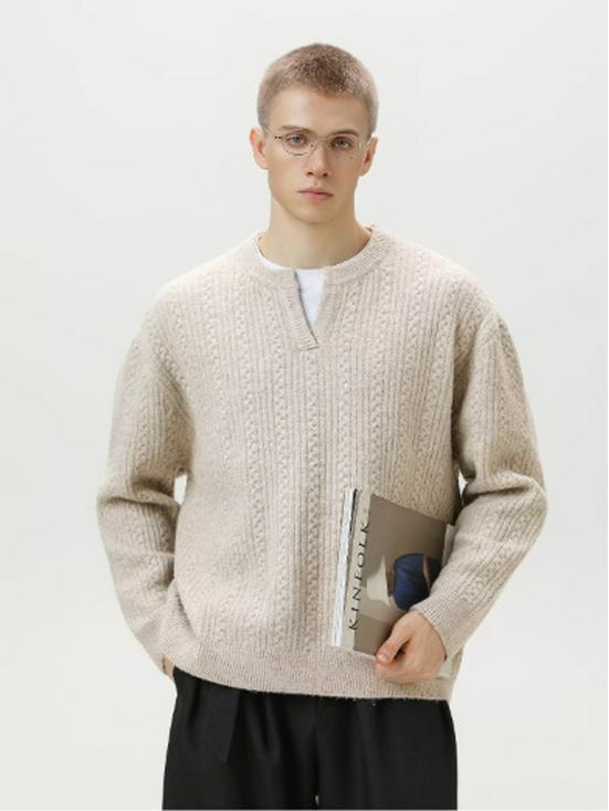 

Arctic Fleece Unisex Retro Henley V-Neck Autumn Sweater – Casual Loose Knitwear Trendy XXL бежевий