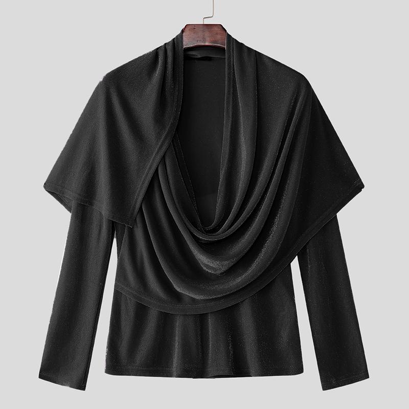 

INCERUN Мужские футболки с длинным рукавом и оборками, с блестками и воротником-хомутиком 5XL чёрный