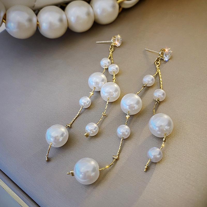 S925 Silver Needle Long Imitation Pearl Tassel Earrings Temperament Net Red High-end Temperament Earrings Jewelry Oorbellen