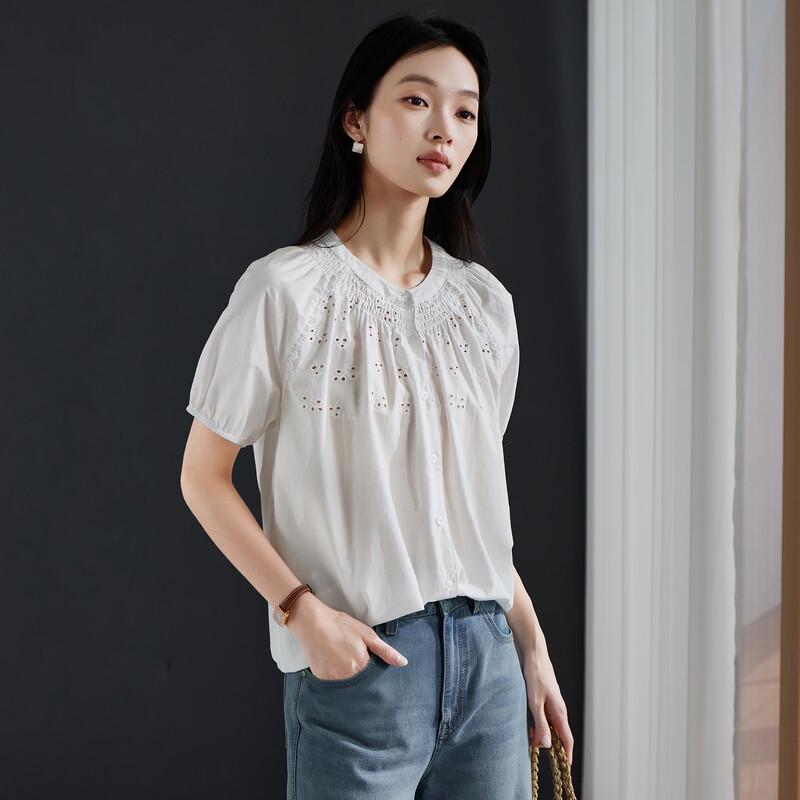 SOFSIL 2026 Summer French Hollow Lace Cotton Short Sleeve Top L