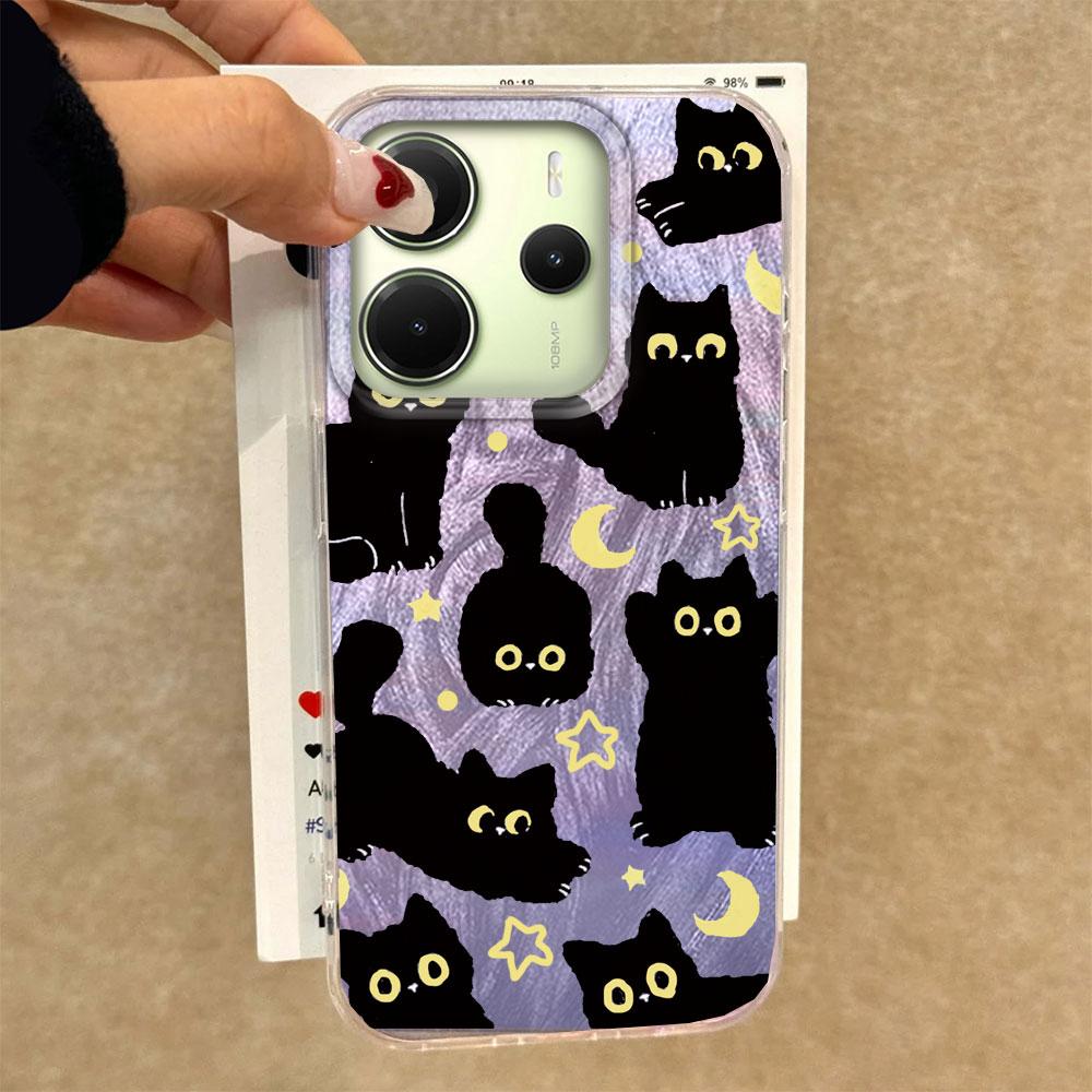 Cute Moon Black Cat Phone Case for Xiaomi Redmi Note 14 13 Pro Plus 13C A5 13T 14T Poco C71 C65 Shell Girls Back Silicone Cover