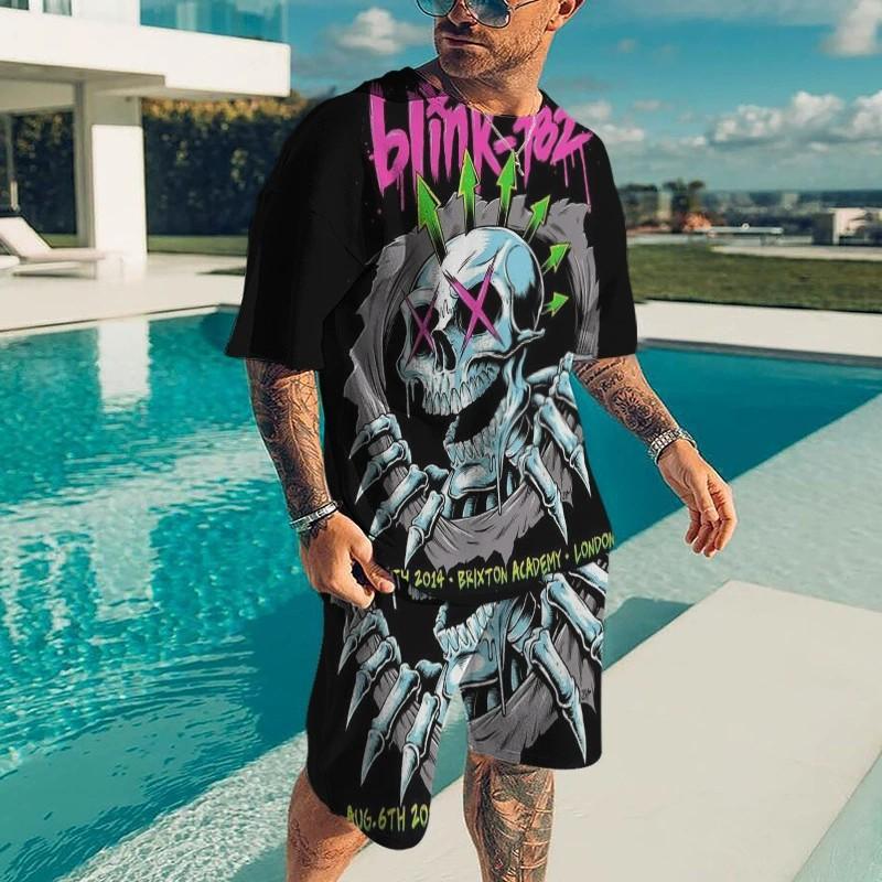 Creative Personalized Skeleton 3D Printed Men's Two-Piece Set Summer Fashionable Soft Comfortable Breathable Large Loose Casual Style Sports Wear