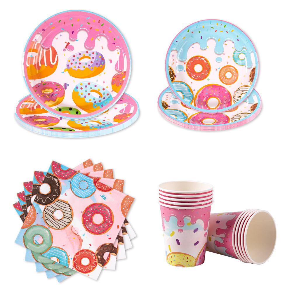 Donut Themed Birthday Tableware Set Pink Donuts Paper Napkin Plate Cup Tablecloth Donut Grow Up Birthday Party Baby Shower Decor