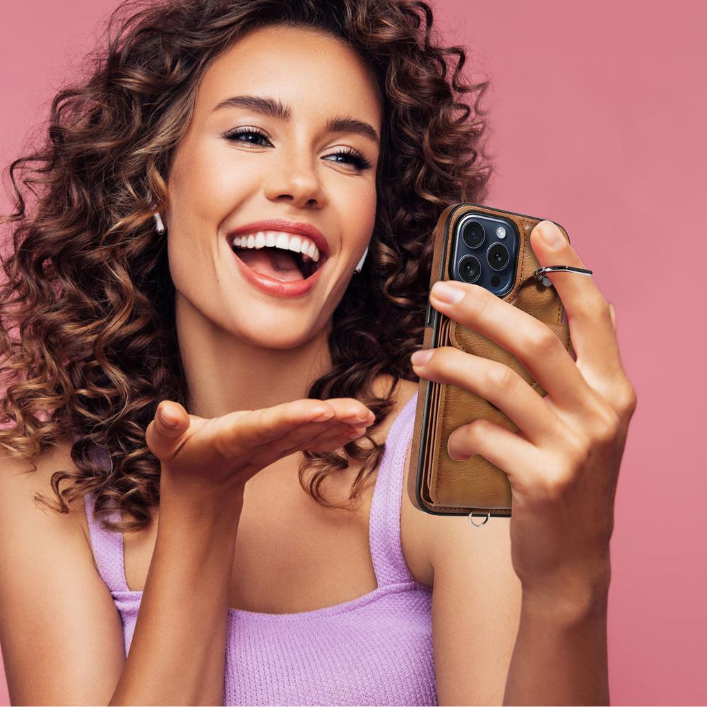 Suitable for iPhone16 Mobile Phone Case 15plus Lychee Pattern Ring Buckle Card Bag Diagonal Span Protective Case 14Pro