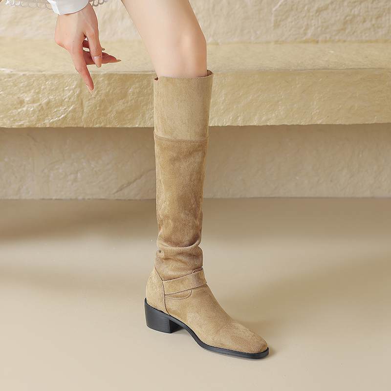 Krazing Pot Zapatos de Microfibra con Pelo Otoño Invierno Tacón Medio Grueso Botas de Montar Remaches Punta Cuadrada Mantener Caliente Botas Altas hasta la Rodilla