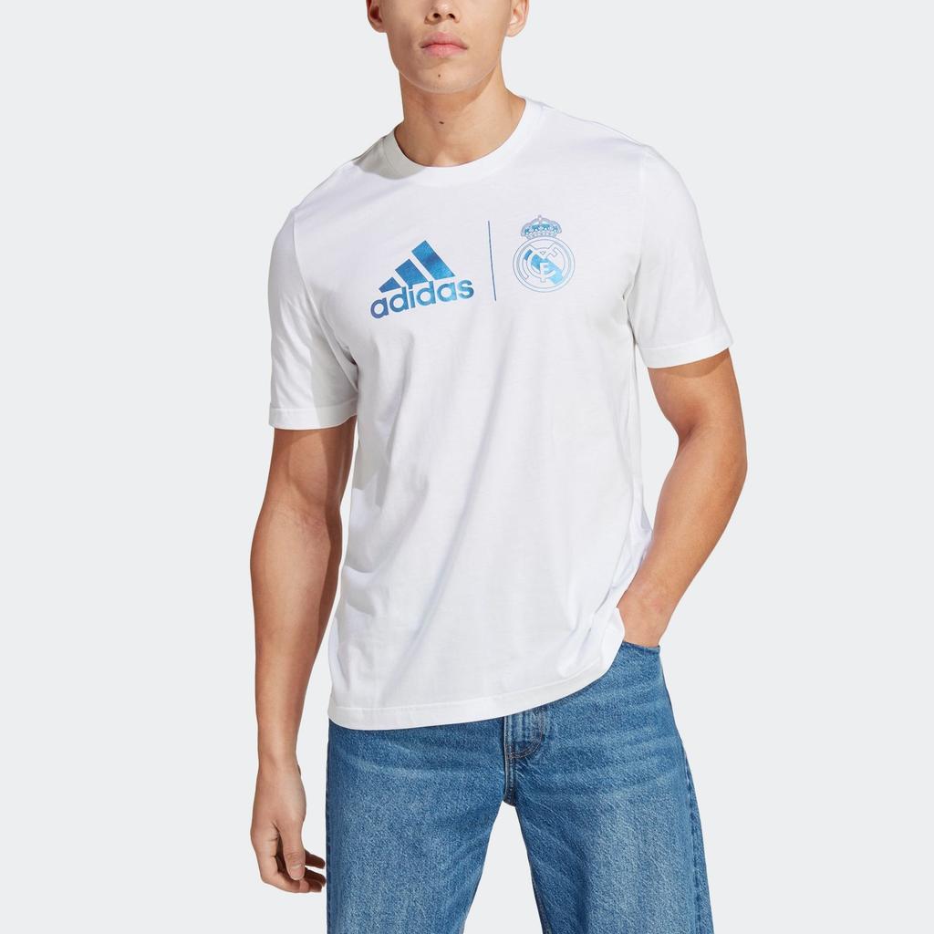 Adidas تي شيرت جرافيك ريال مدريد رياضي ثقافي رقبة مستديرة كم قصير قمم رجالية أبيض HT6463