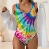 Women Plus Size Scoop Neck Wide Straps Rainbow Tie Dye Printed High Cut One Piece Swimsuit