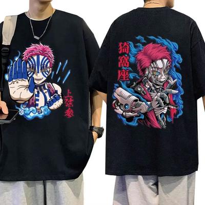 Anime Demon Slayer Akaza Double Sided Print T-shirt Men Women Clothing Cartoon Oversized T Shirt Male Casual Soft Cotton Tshirts