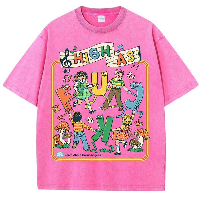 Happy Playing Children Pattern Retro T-Shirt Men Summer Soft Clothing Trendy Crewneck Washed Tops Oversize Cotton Streetwear