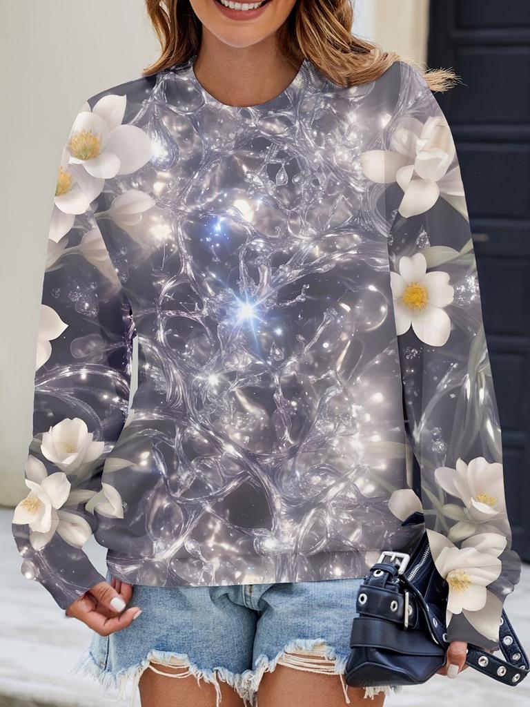 Neues Damen Buntes Schillerndes Blumenmuster Rundhals Sweatshirt Leicht Bequem Lässig Locker Übergröße Langärmliger Pullover