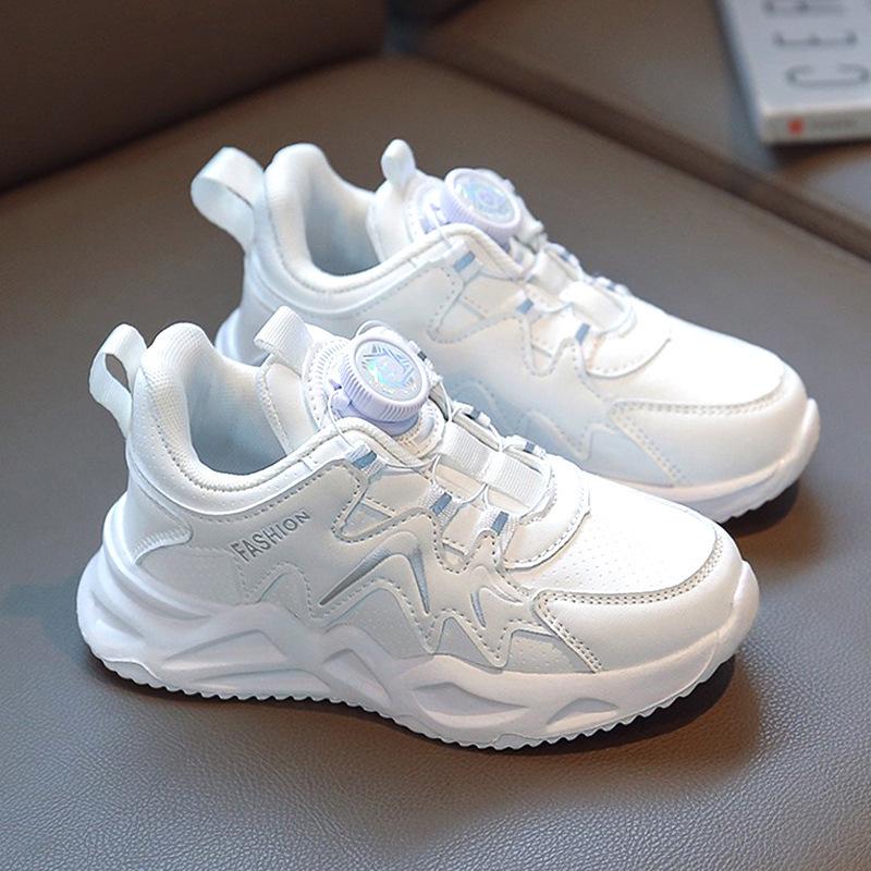 2024 Spring Girls' Spinning Button Sports Shoes - Trendy Dad Style, Soft Sole, White for Kids