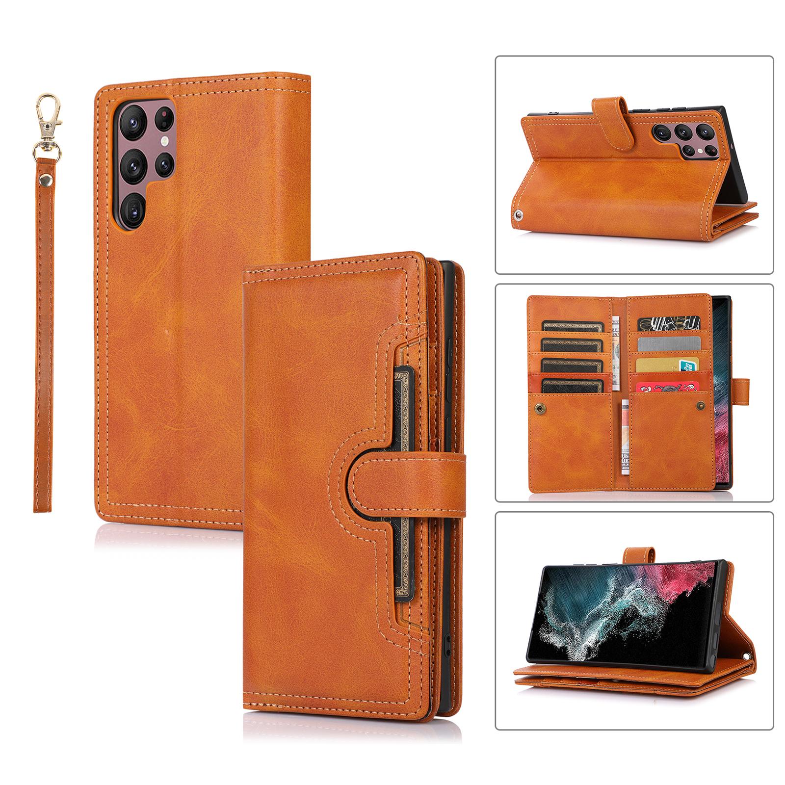 

For Samsung Galaxy S24 Ultra Case Split Leather Magnetic Wallet Phone Protector with Wrist Strap Brown