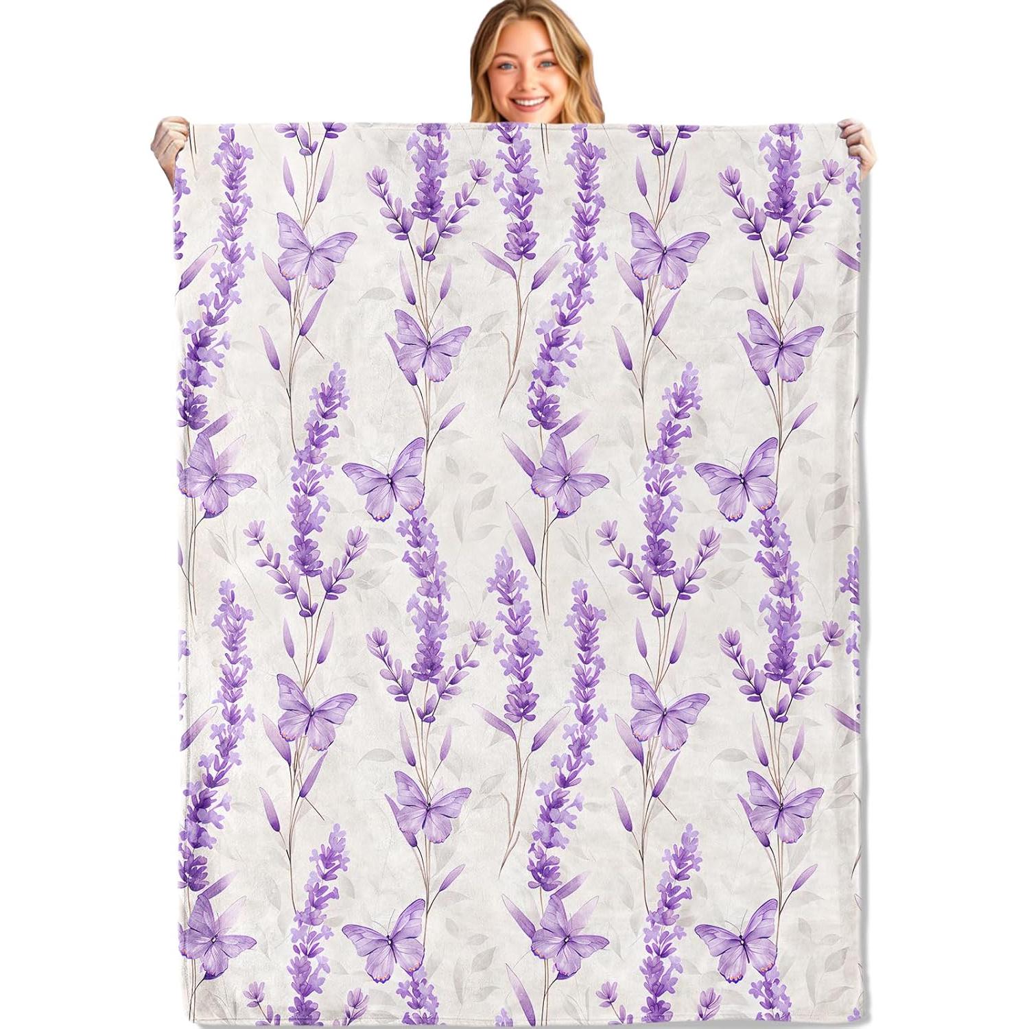 

Lavender Throw Blanket - Ultra Soft, Cozy Lightweight Flannel,Purple Floral and Butterfly Blankets - Gifts for Women & N 75x90cm
