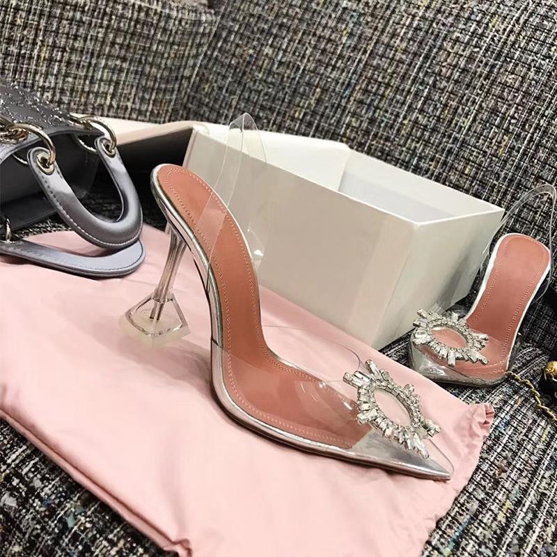 Sunflower High Heels Female Crystal With Net Red Transparent Back Strap Fine Heel Rhinestone Pointed Toe Sandal Female