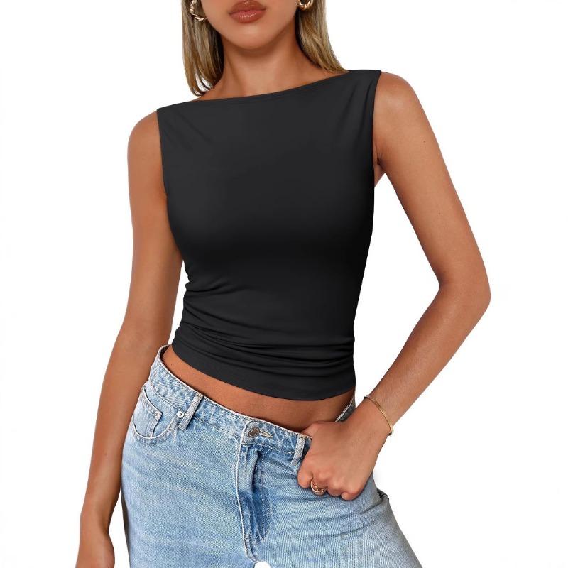 Women's Slim Fit Boat Neck Top Sleeveless Solid Color Ruched Hem Casual Crop Top
