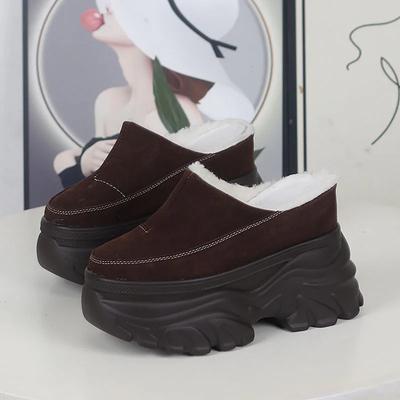 Mode Dames Bont Platform Halve Pantoffels Vrouw Retro Suède Warme Schoenen Herfst Nieuw Buitendesign Dikke Zool Verhoging Katoenen Pantoffels
