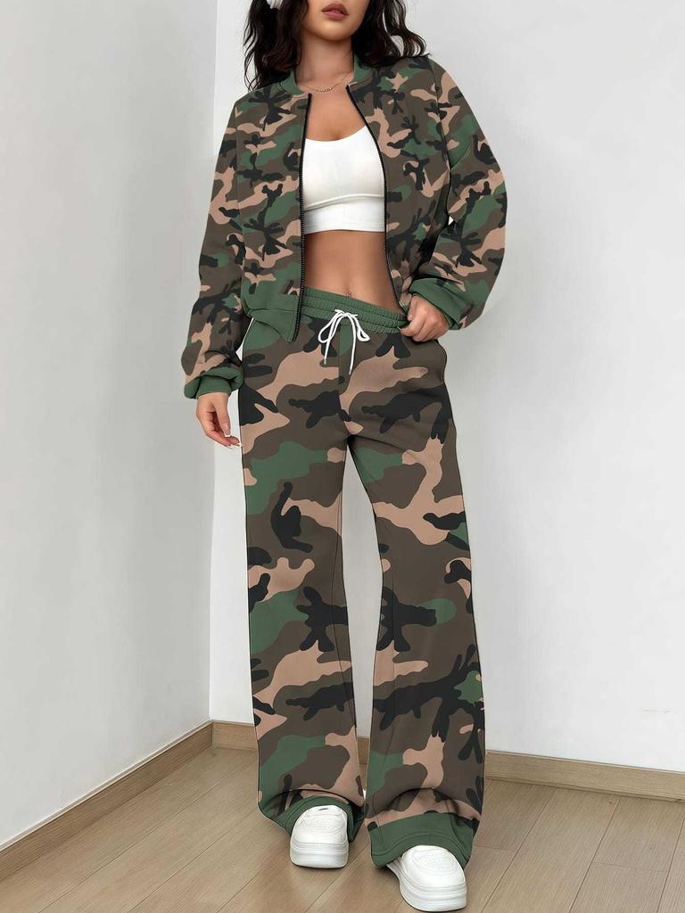 Simple Autumn and Winter New European and American Women's Clothing Yellow-green Camouflage Printing Suit Women