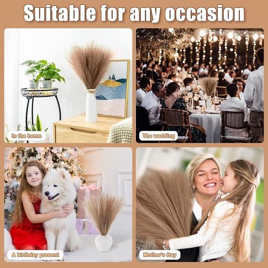 3 Pcs Artificial Flowers Faux Pampas Grass Small Fluffy Fake Flower Plant for Home Decor,Office,Bedroom, Items (Without Vase pot)(Brown)Silk