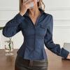 Women S Casual Long Sleeve Button Down Polo Shirt Top Navy Black
