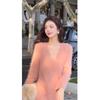 Womens Pink V-Neck Knit Long Dress Winter Elegant Slim Fit High Waist Sweater