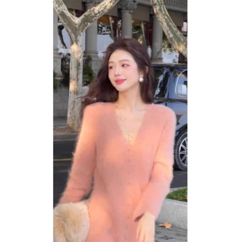 Womens Pink V-Neck Knit Long Dress Winter Elegant Slim Fit High Waist Sweater