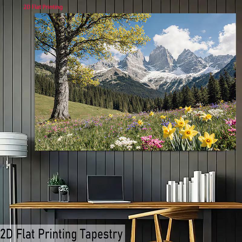 2D Alpine Daffodil Backdrop 2D Snow Mountain Forest Spring Photo Background for Party