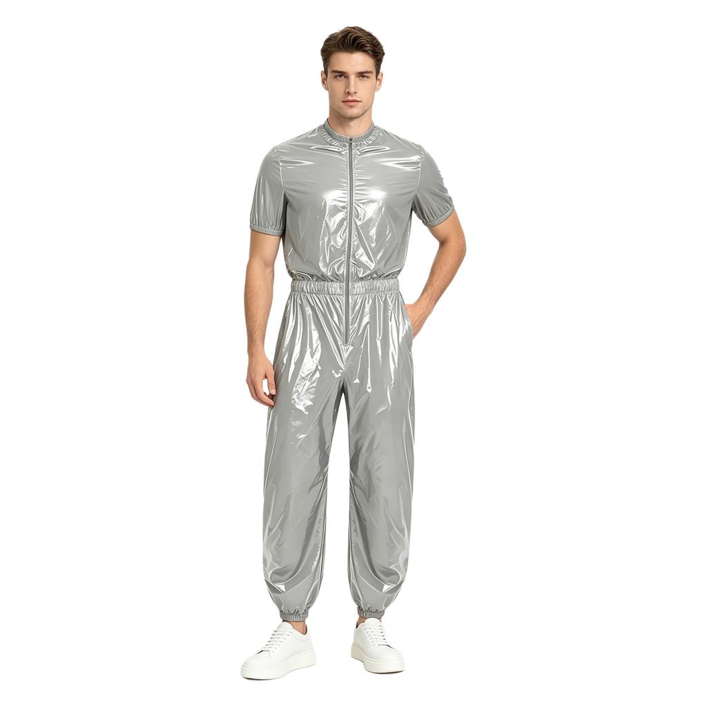 Men Waterproof One Piece Jumpsuit Short Sleeve Front Zipper Elastic Waist Side Pockets Jogging Pants Raincoat Sauna Tracksuit for Outdoor Running