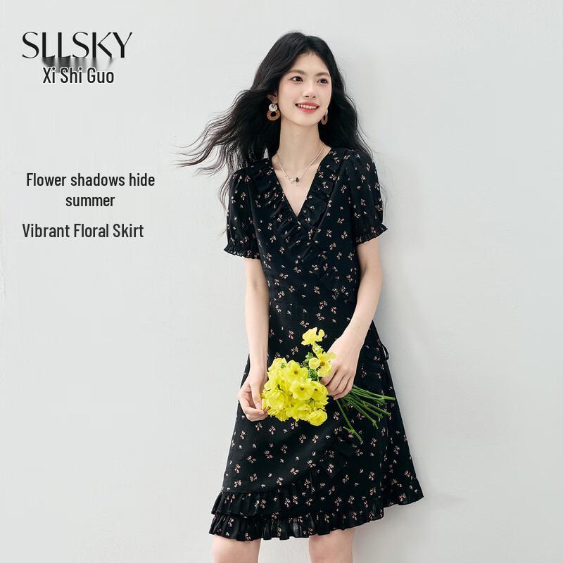 French Style Floral V-Neck Midi Dress S