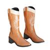 Women's Chunky Block Heels Cowboy Boots Wide Mid Calf Pointed Toe Non-Slip Embroidered Cowgirl Boots for Women Pull On Comfortable Western Booties