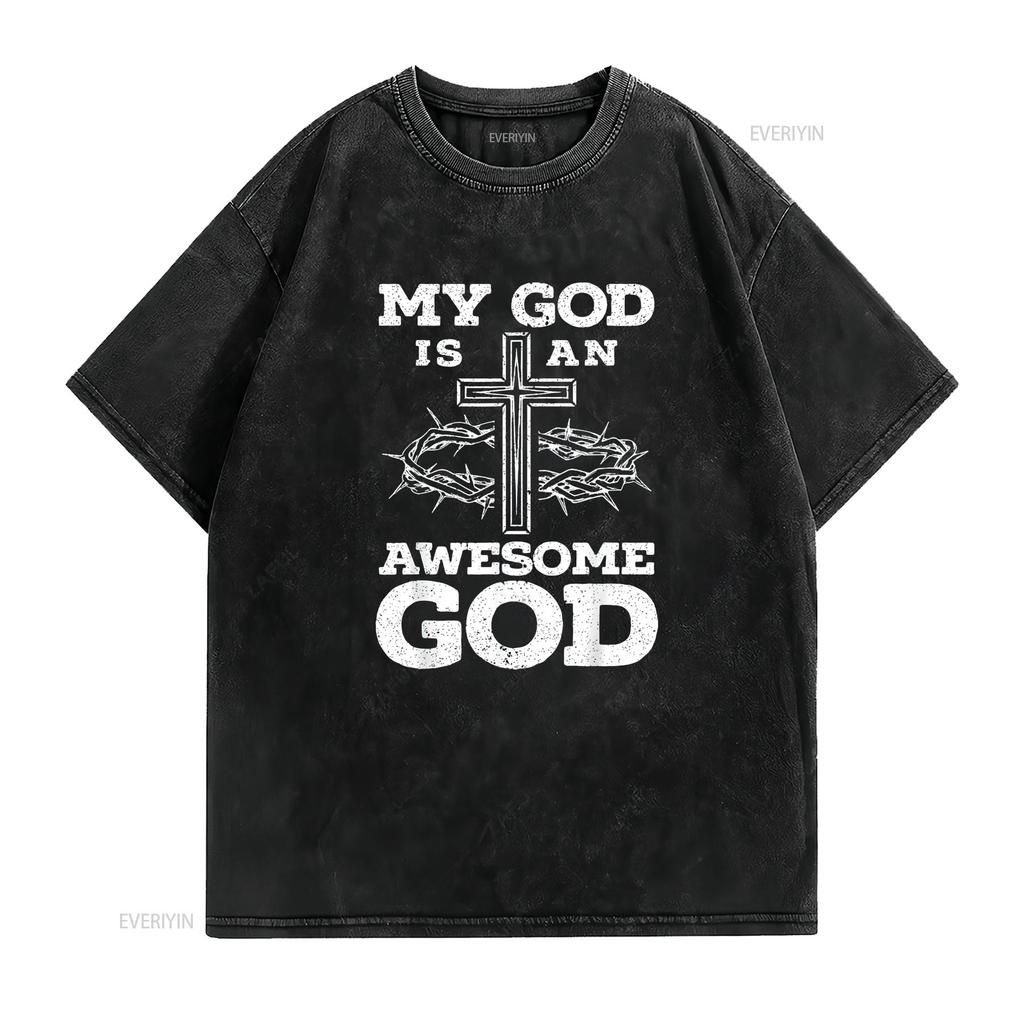 Womens My God Is An Awesome Christian Religious Jesus Christ T Shirt Black 2XL vintage Washed designer clothes Comfortable
