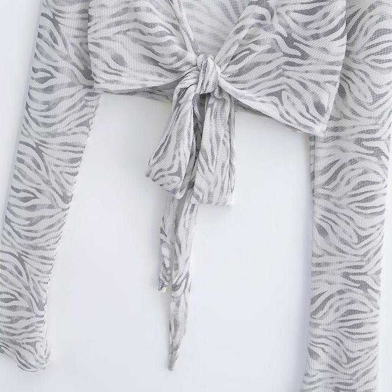 Women's Sexy Zebra Print Long Sleeve V Neck Tie Long Sleeve Shirt