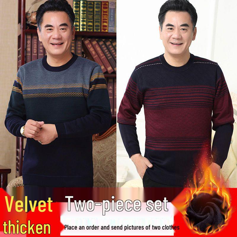 Men's Thick Fleece-Lined Sweater - Grandpa Style, Round Neck, Perfect for Winter Warmth