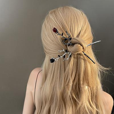 Vintage Rose Hair Sticks Hairwear for Women Simple Flower Black Red Hairpin Hair Chopstick Disk Hairstick Headdress Jewelry