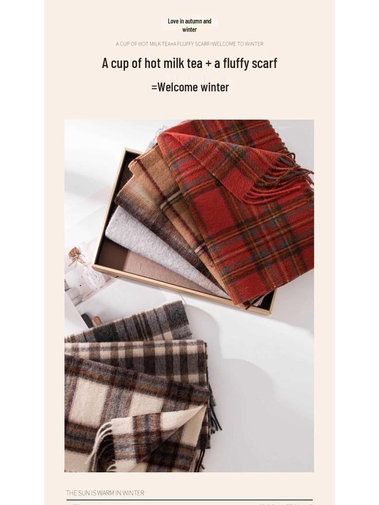 Women's 100% Wool Plaid Scarf - Korean Style, Autumn/Winter 2025, Long Tassel Shawl, Cold-Proof and Warm