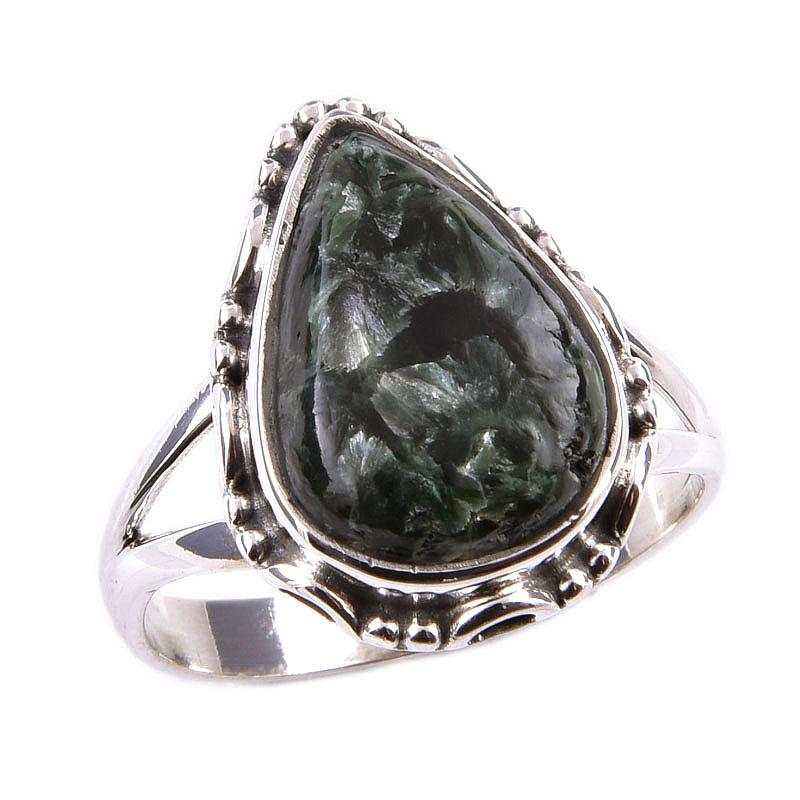 Natural Seraphinite Gemstone 925 Solid Sterling Silver Jewelry Ring Size 9 L5t87