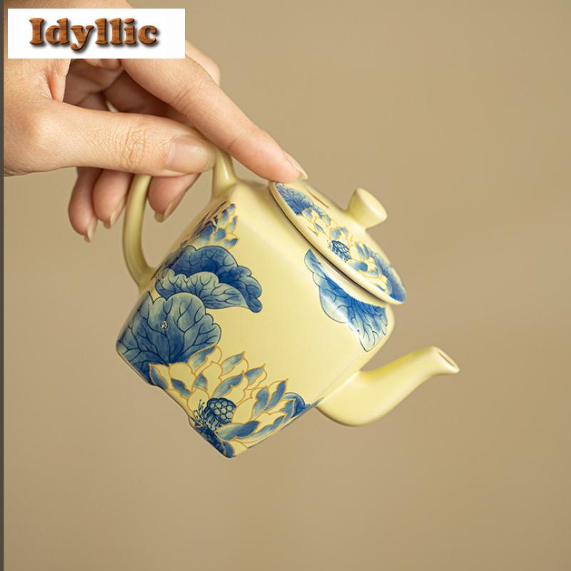 200ml Ru Kiln Yellow Fish Playing In Lotus Pond Square Teapot Traditional Tea Infuser Pot Tea Maker Kettle With Strainer Craft