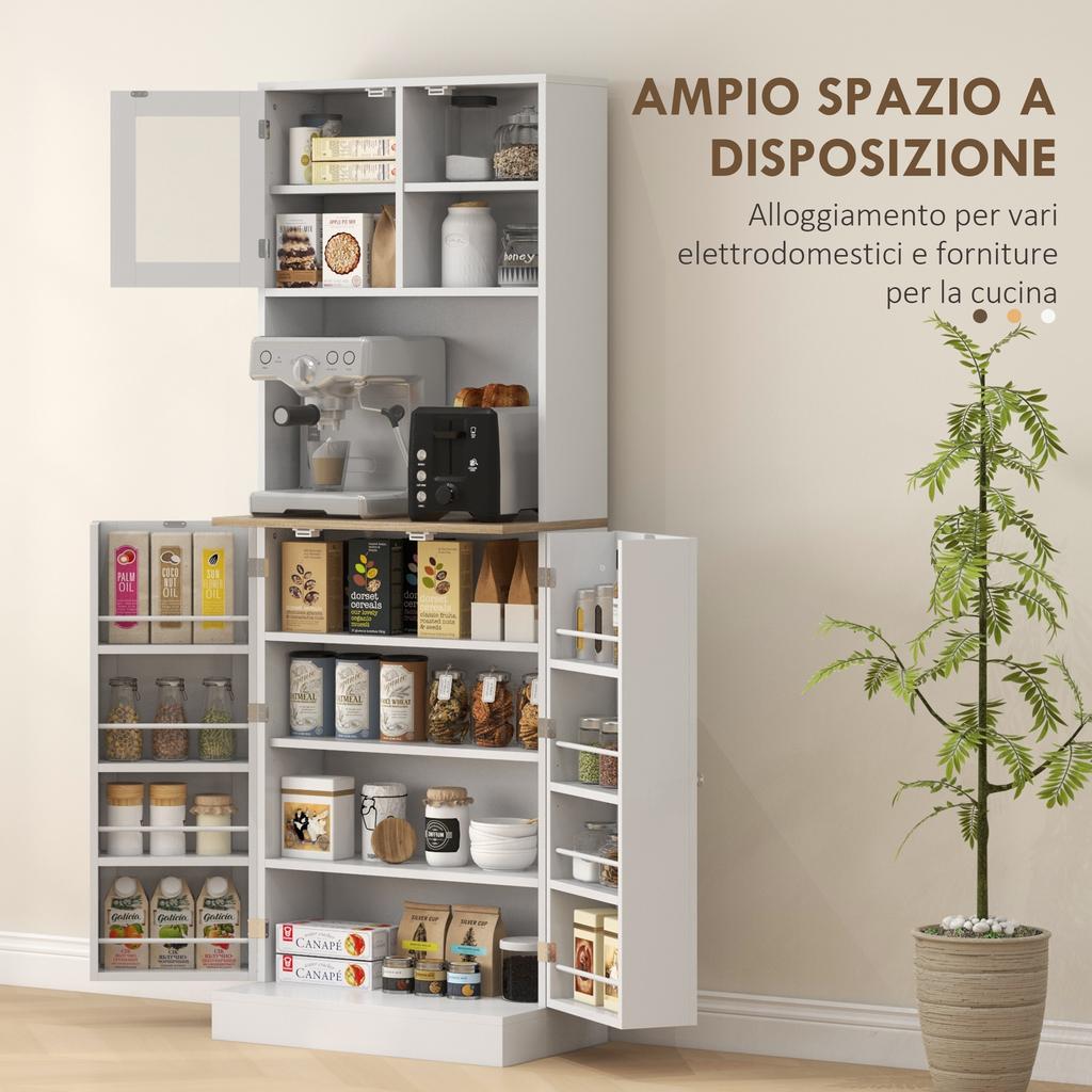 Kitchen Microwave Cart with Open Shelves and Cabinet with Spice Rack, 60x35x169 cm, White