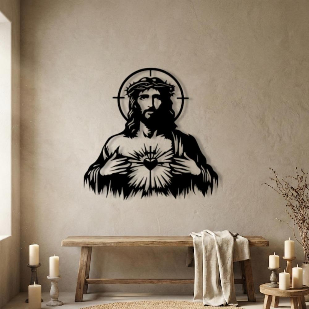 Black Metal Sacred Heart Wall Art, Catholic Jesus Sign, Christian Religious Home Decor, Spiritual Gift for Believers