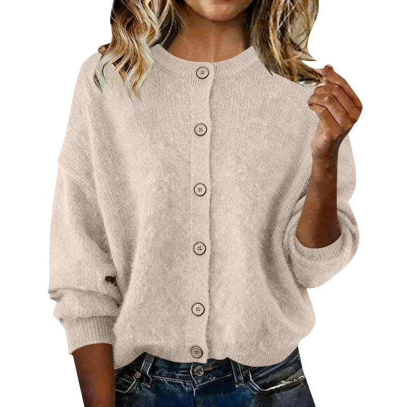 Autumn and Winter Women's Knitted Round Neck Long Sleeved Solid Color Casual Fashion Knitted Cardigan
