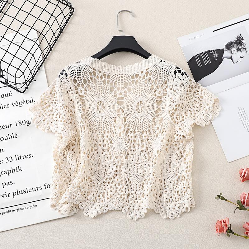 Sheer Crochet Top Short Sleeve Button Front V-Neck Open-knit Embroidery Blouse Women Summer