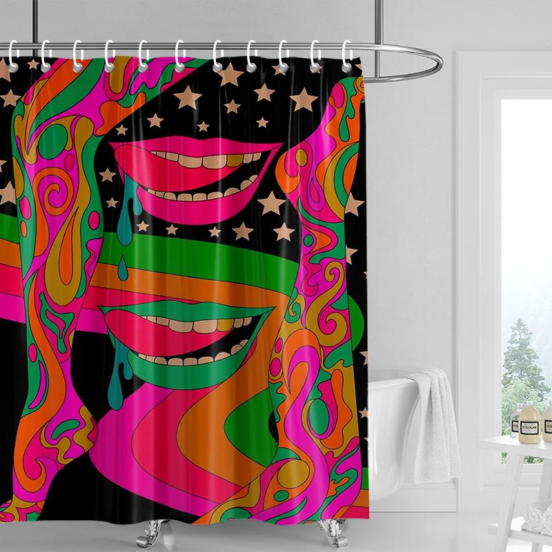 Abstract Femme Shower Curtain - Bold Red Lips & Colorful Brushstrokes, Waterproof with Grommets, Artistic Bathroom Decor
