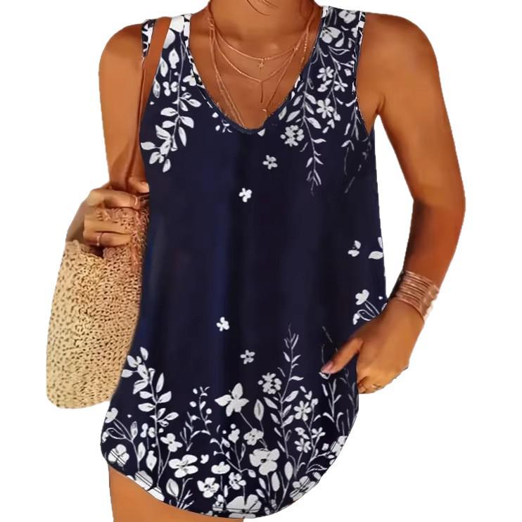 

European Summer Fashion: Printed V-Neck Sleeveless Plus Size Casual Holiday Vest for Women 5XL темно-синього кольору