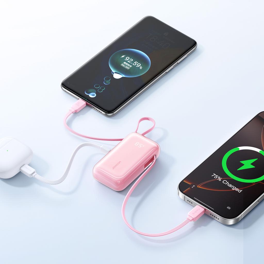 Powerbank 10000mAh 35W ze zwijanym kablem USB-C kablem-smyczą Lightning - różowy