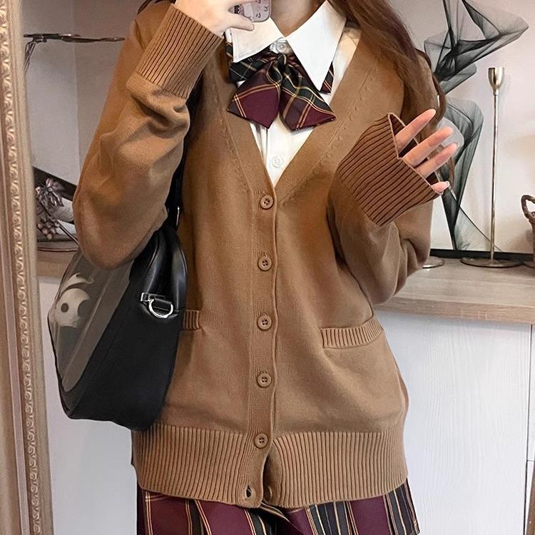 Japanese College Style V-Neck Cardigan for Women - Autumn/Winter School Uniform Sweater