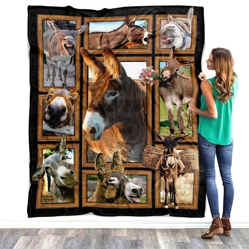 Cute Donkey Fleece Blanket Farm Animal Collage Soft Cozy Throw Home Decor for Living Room or Bedroom Gift for Animal Lovers