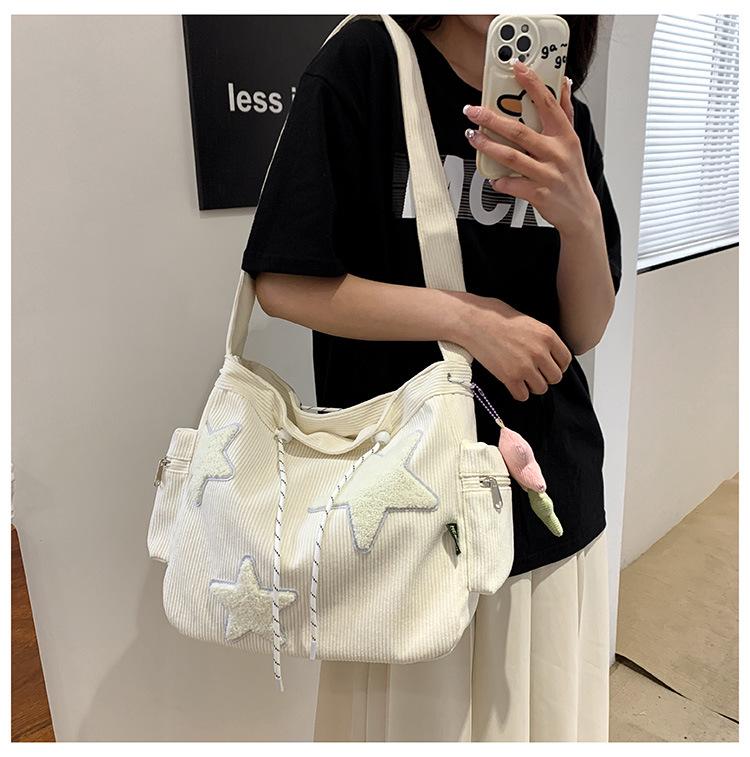 Bolsa Tote Feminina de Veludo Cotelê de Grande Capacidade com Design de Pentagrama - Transversal e Ombro Único