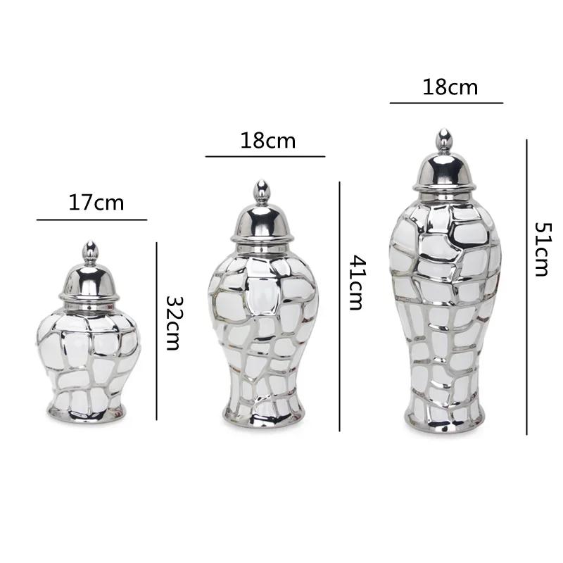 Ceramic General Pot Silver Grid  Porcelain Ginger Jar Storage Tank with Cover Flower Vase Home Furnishing Decoration Vases Pots