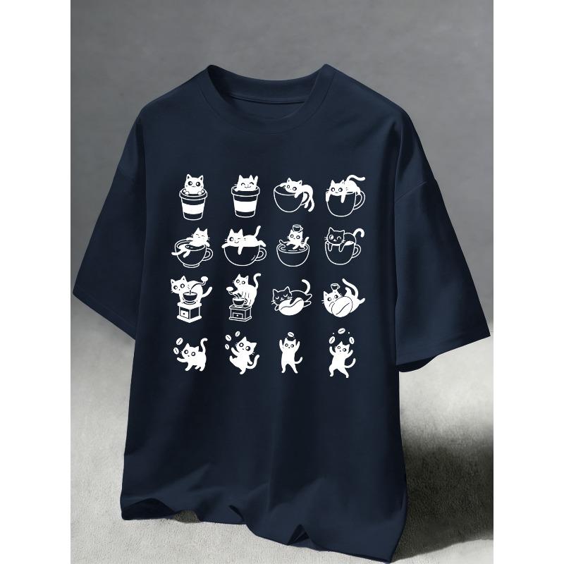 16Style Coffee Cat Doodle Print T Shirt Unisex Cotton Loose TShirts Casual Crewneck Streetwear Comfortable Summer Clothing