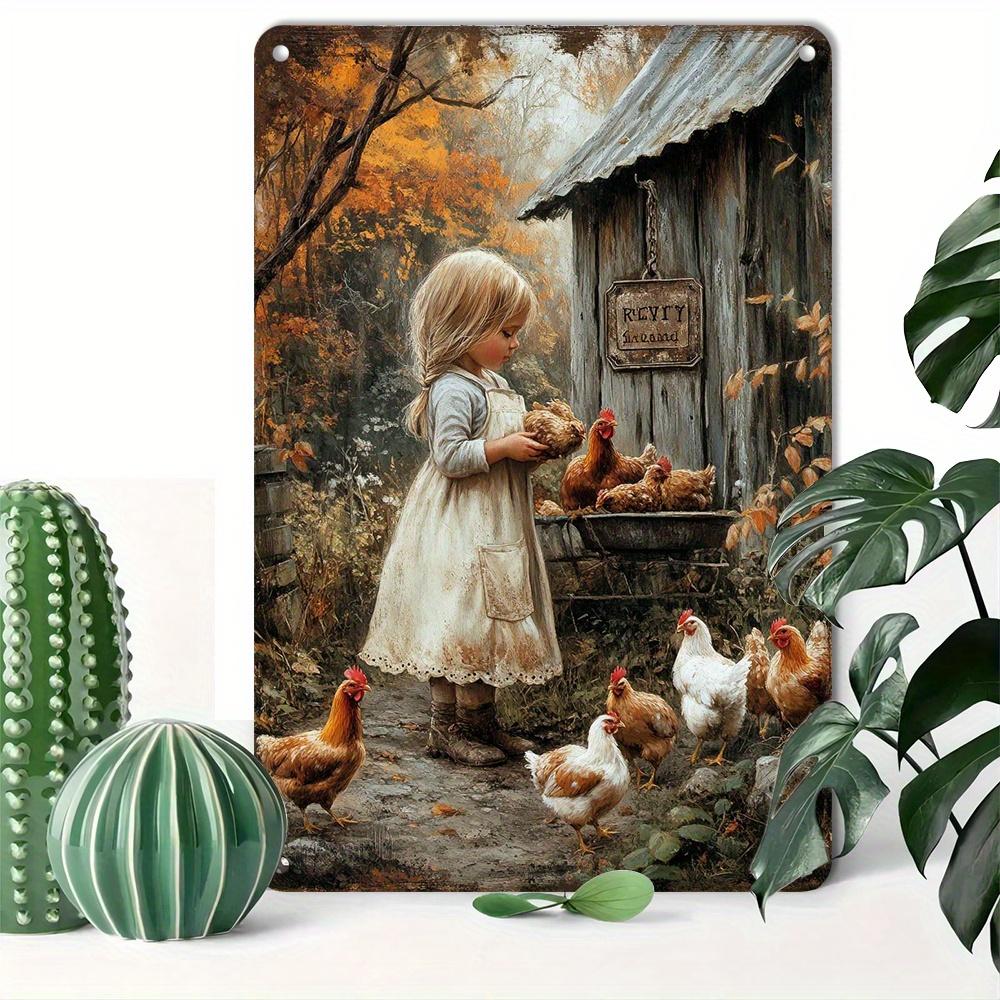 Rustic Aluminum Wall Art Girl Feeding Chickens with Autumn Leaves Wooden Shack x Inch Farmhouse Decor for Home Garden